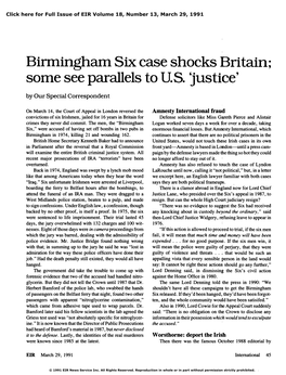 Birmingham Six Case Shocks Britain; Some See Parallels to U.S. 'Justice'