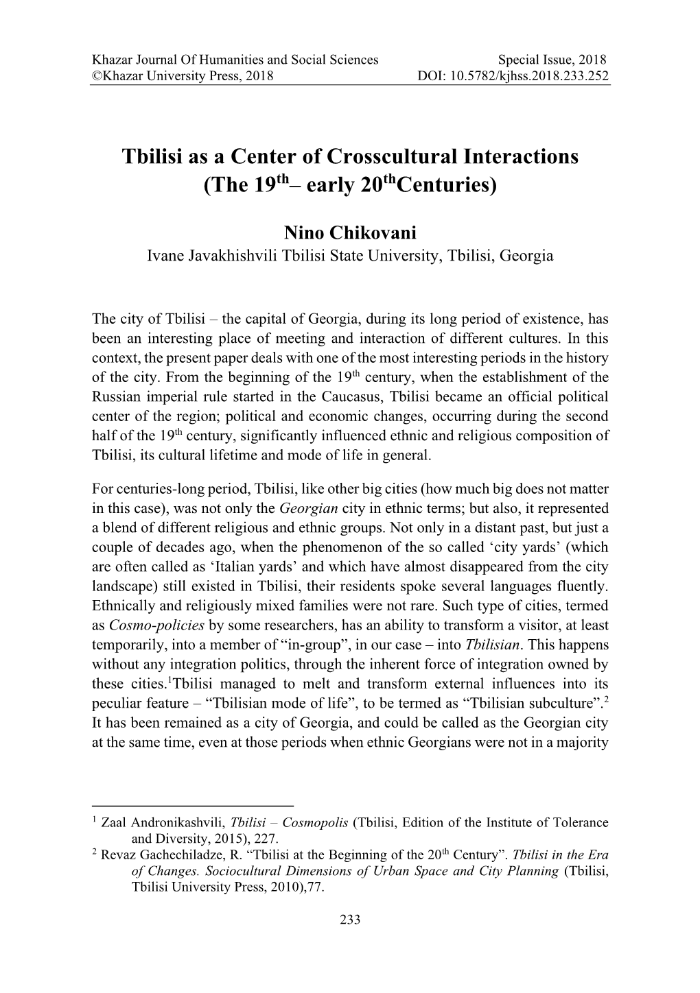 Tbilisi As a Center of Crosscultural Interactions (The 19Th– Early 20Thcenturies)