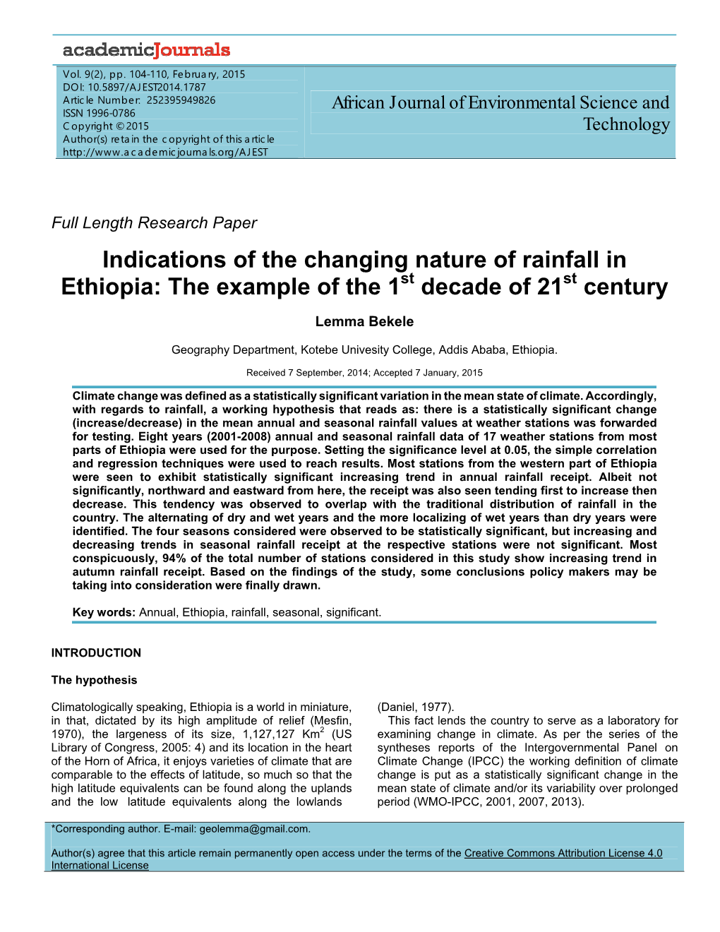 Indications of the Changing Nature of Rainfall in Ethiopia: the Example of the 1St Decade of 21St Century
