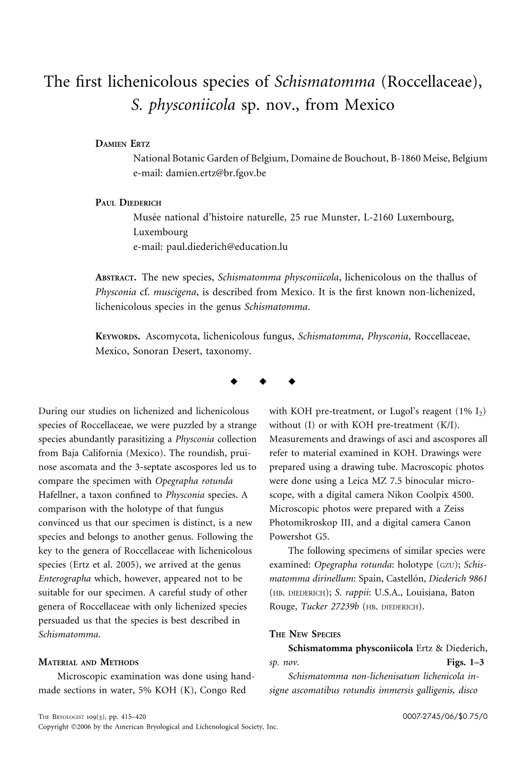 The First Lichenicolous Species of Schismatomma (Roccellaceae), S