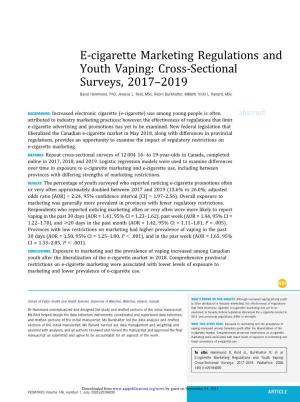 E-Cigarette Marketing Regulations and Youth Vaping: Cross-Sectional Surveys, 2017–2019 David Hammond, Phd, Jessica L