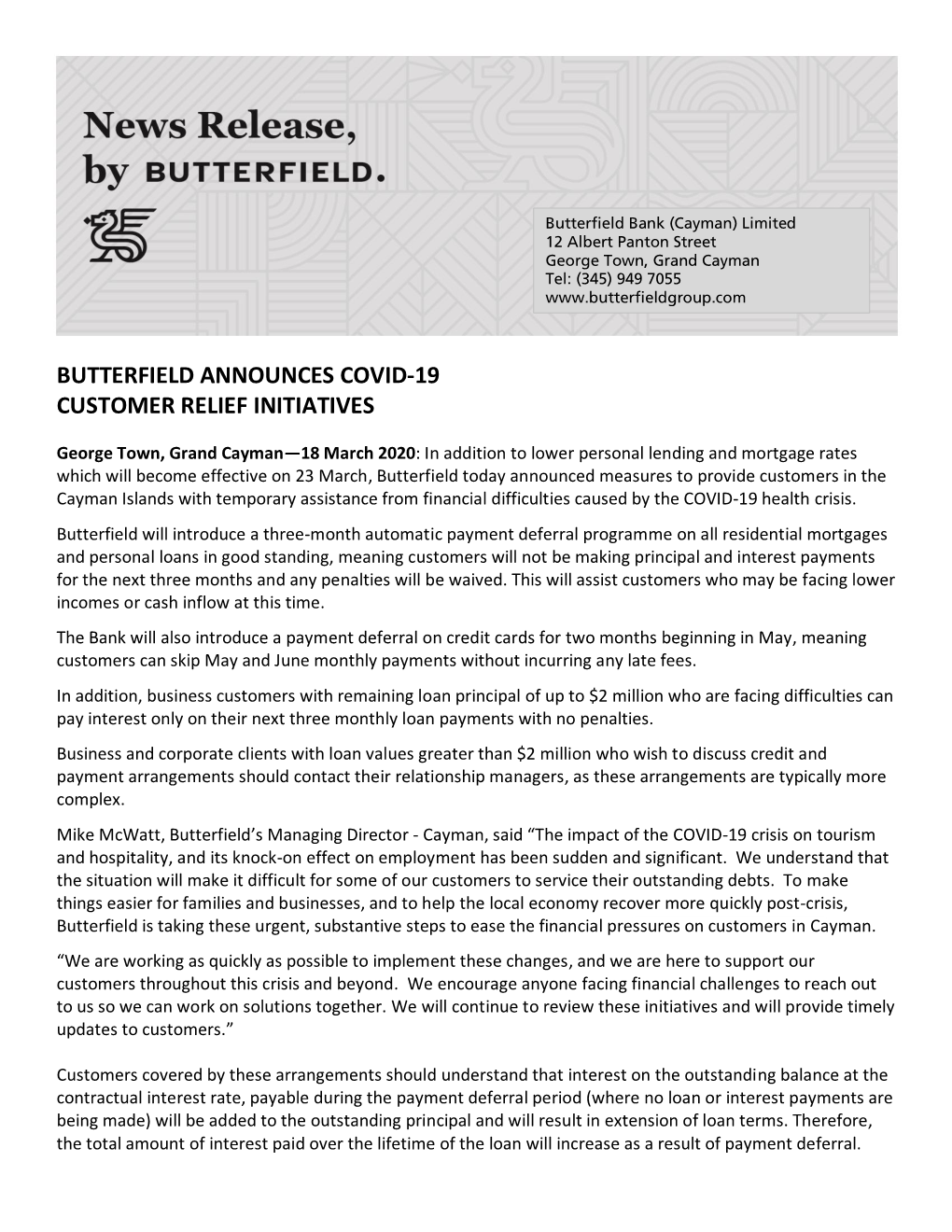 Butterfield Announces Covid-19 Customer Relief Initiatives