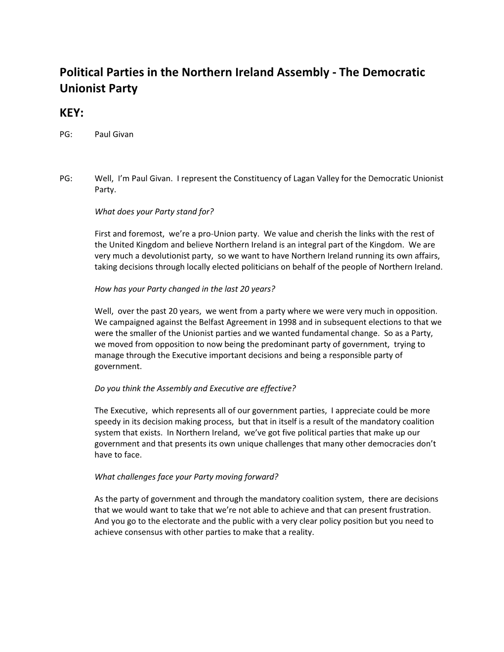 The Democratic Unionist Party Transcript