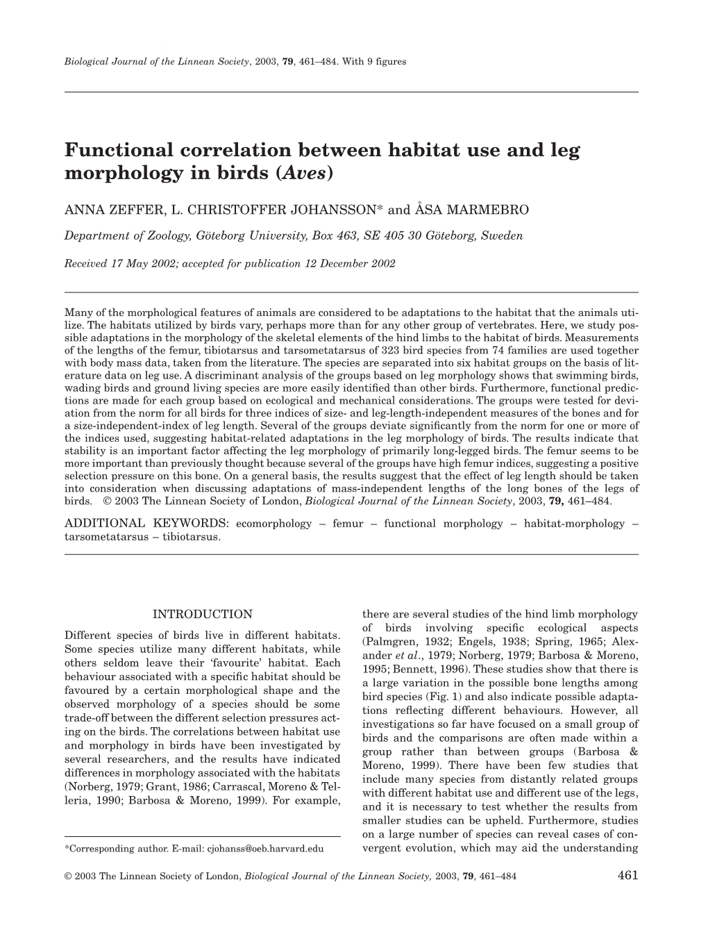 Functional Correlation Between Habitat Use and Leg Morphology in Birds (Aves)