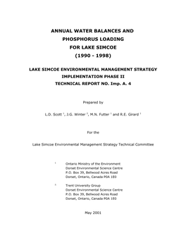 Annual Water Balances and Phosphorus Loading for Lake Simcoe, 1990-1998. May 2001