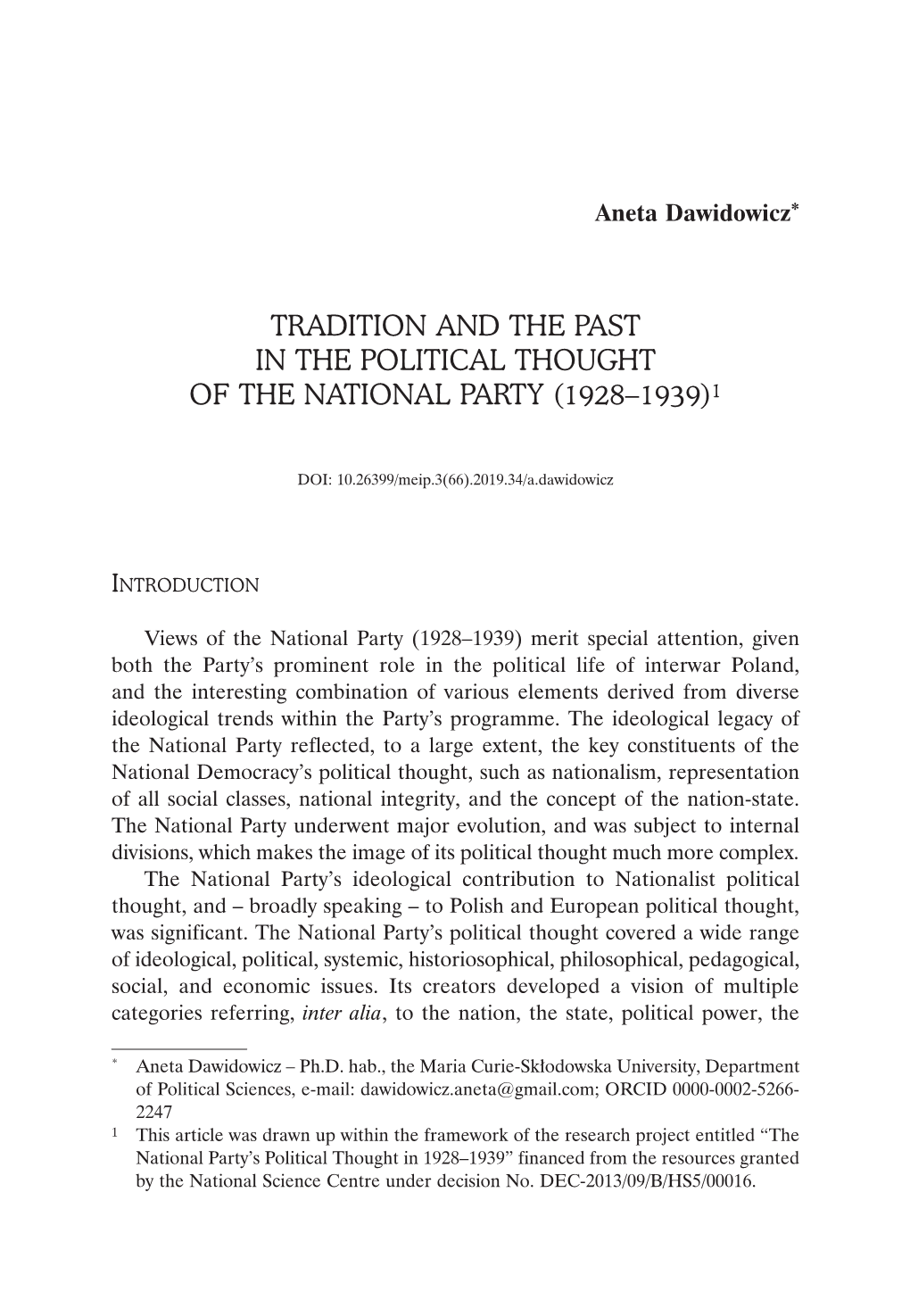 Tradition and the Past in the Political Thought of the National Party (1928–1939)1