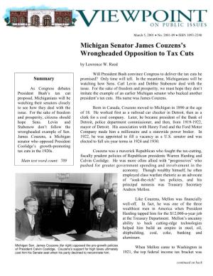 Michigan Senator James Couzens's Wrongheaded Opposition to Tax Cuts