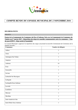 Compte Rendu Du Conseil Municipal Du 2 Novembre 2016