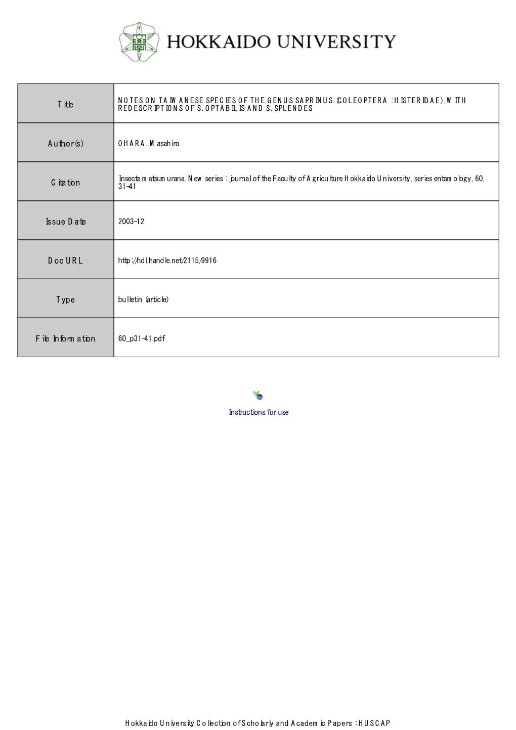 COLEOPTERA : HISTERIDAE), with Title REDESCRIPTIONS of S