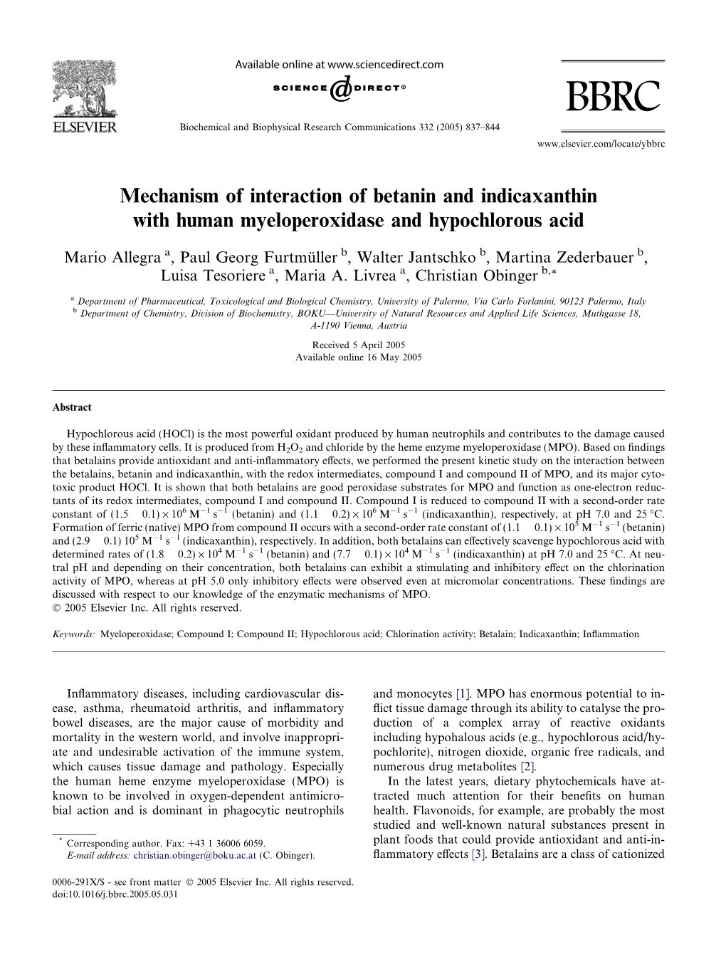 Mechanism of Interaction of Betanin and Indicaxanthin with Human Myeloperoxidase and Hypochlorous Acid