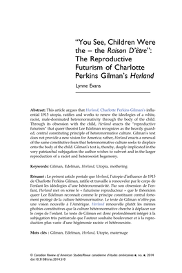 The Reproductive Futurism of Charlotte Perkins Gilman's Herland