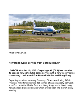 New Hong Kong Service from Cargologicair