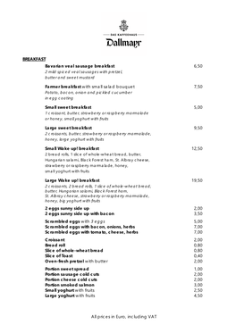 All Prices in Euro, Including VAT BREAKFAST Bavarian