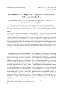 Selected Fruits and Vegetables: Comparison of Nutritional Value and Affordability