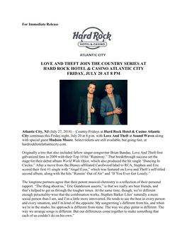 Love and Theft Join the Country Series at Hard Rock Hotel & Casino Atlantic City Friday, July 20 at 8 Pm