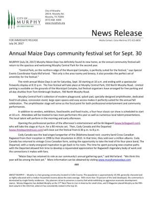 Annual Maize Days Community Festival Set for Sept. 30