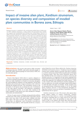 Xanthium Strumarium, on Species Diversity and Composition of Invaded Plant Communities in Borena Zone, Ethiopia
