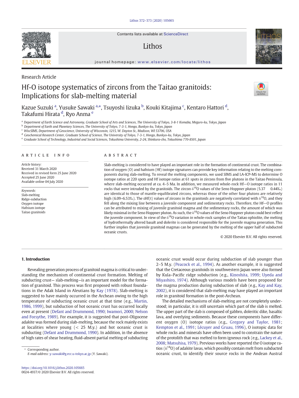 Hf-O Isotope Systematics of Zircons from the Taitao Granitoids: Implications for Slab-Melting Material