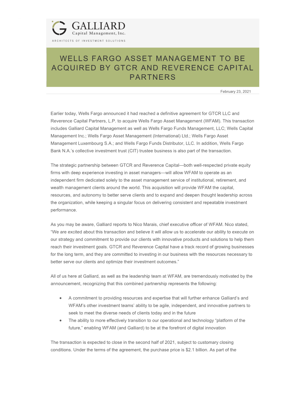 Wells Fargo Asset Management to Be Acquired by Gtcr and Reverence Capital Partners