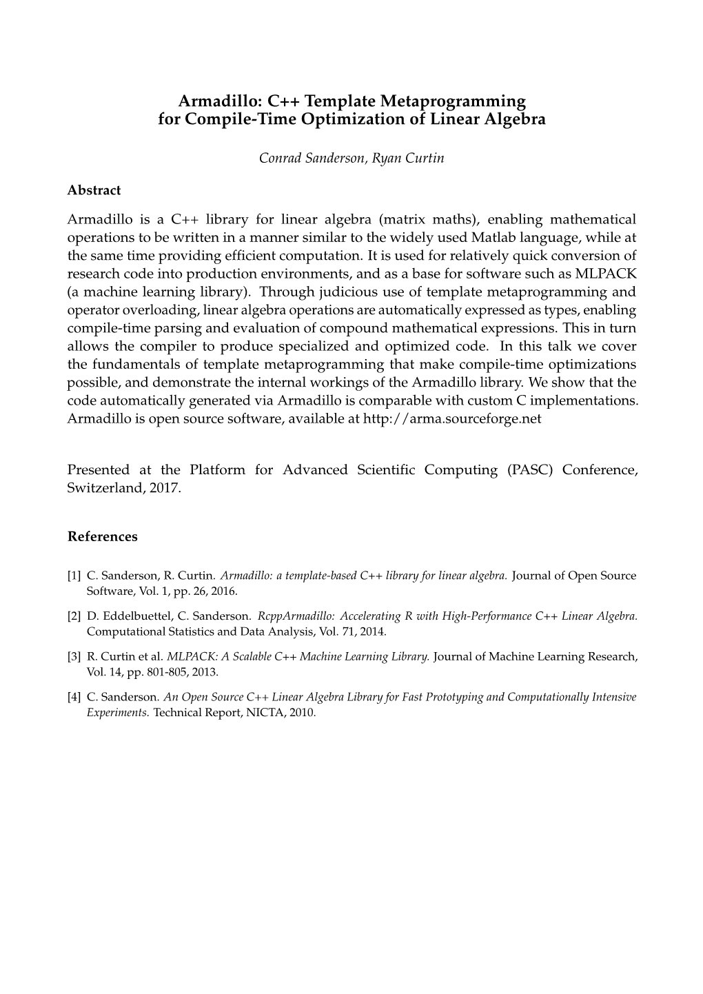 Armadillo: C++ Template Metaprogramming for Compile-Time Optimization of Linear Algebra