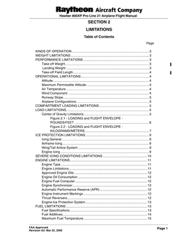 Hawker 800XP Pro Line 21 Airplane Flight Manual SECTION 2 LIMITATIONS Table of Contents Page