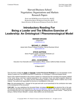 Introductory Reading for Being a Leader and the Effective Exercise of Leadership: an Ontological / Phenomenological Model