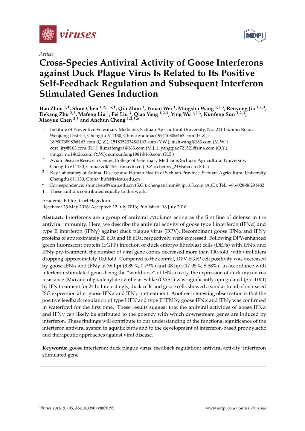 Cross-Species Antiviral Activity of Goose Interferons Against Duck