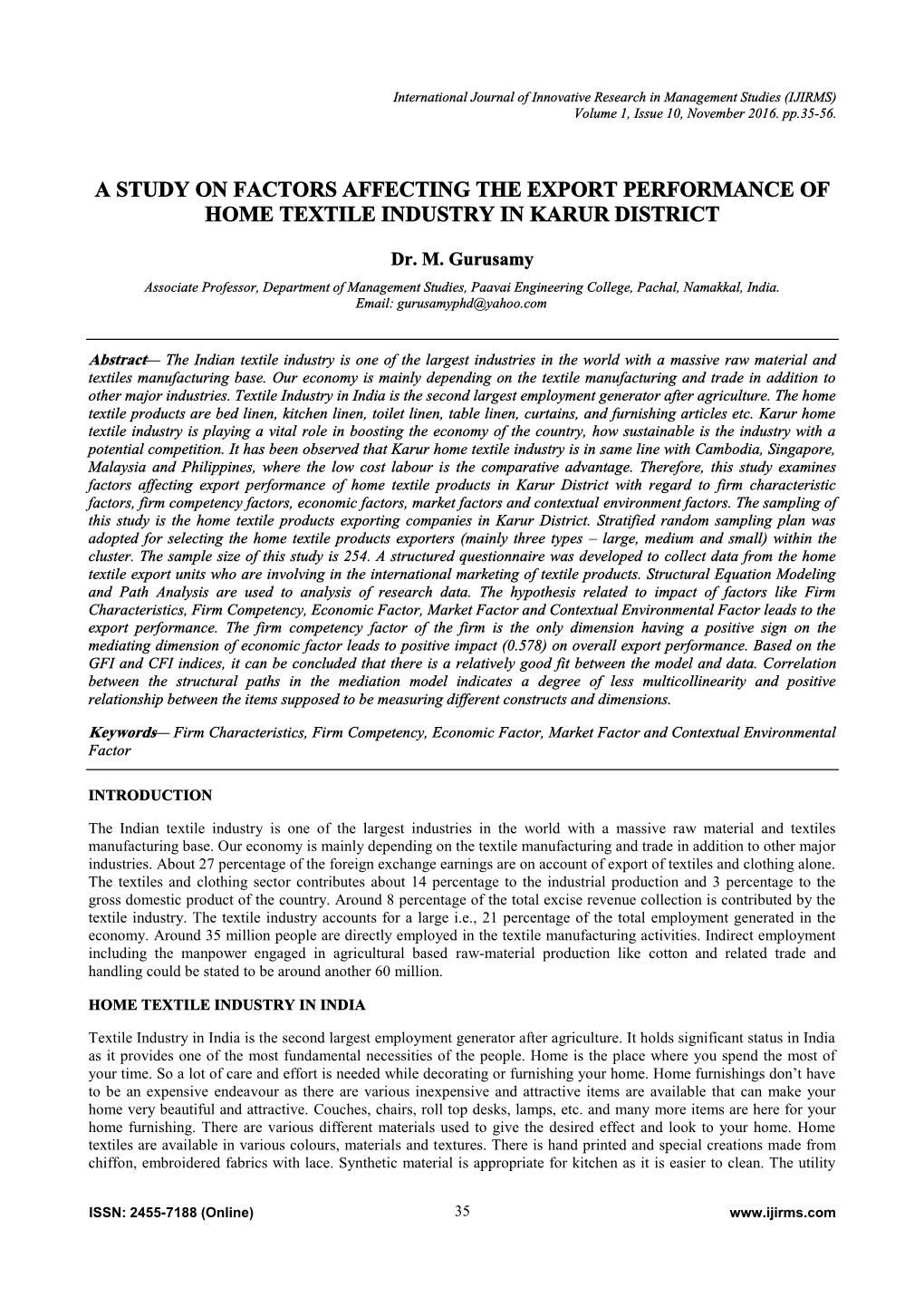 A Study on Factors Affecting the Export Performance of Home Textile Industry in Karur District