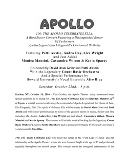 THE APOLLO CELEBRATES ELLA, a Blockbuster Concert Featuring a Distinguished Roster of Performers Apollo Legend Ella Fitzgerald’S Centennial Birthday