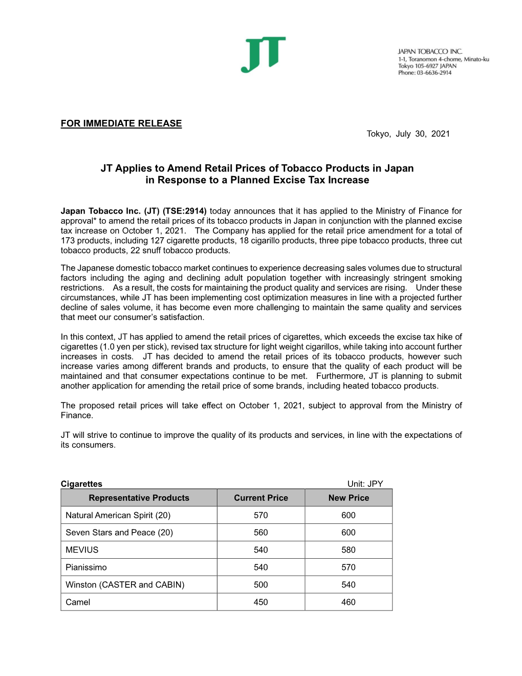 JT Applies to Amend Retail Prices of Tobacco Products in Japan in Response to a Planned Excise Tax Increase