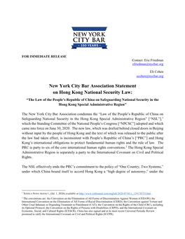 New York City Bar Association Statement on Hong Kong National Security Law