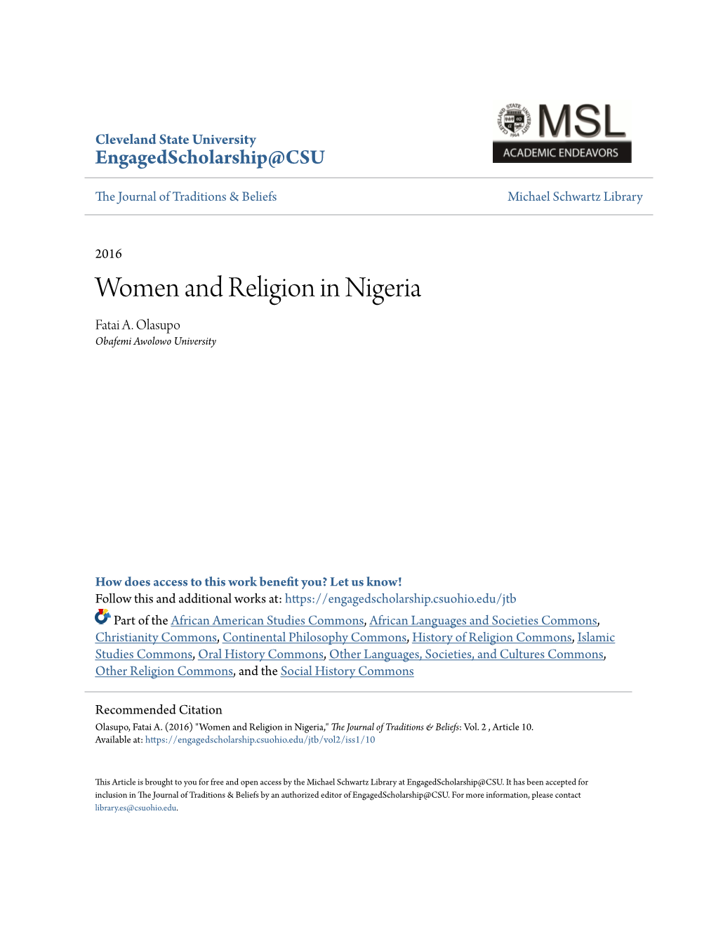 Women and Religion in Nigeria Fatai A