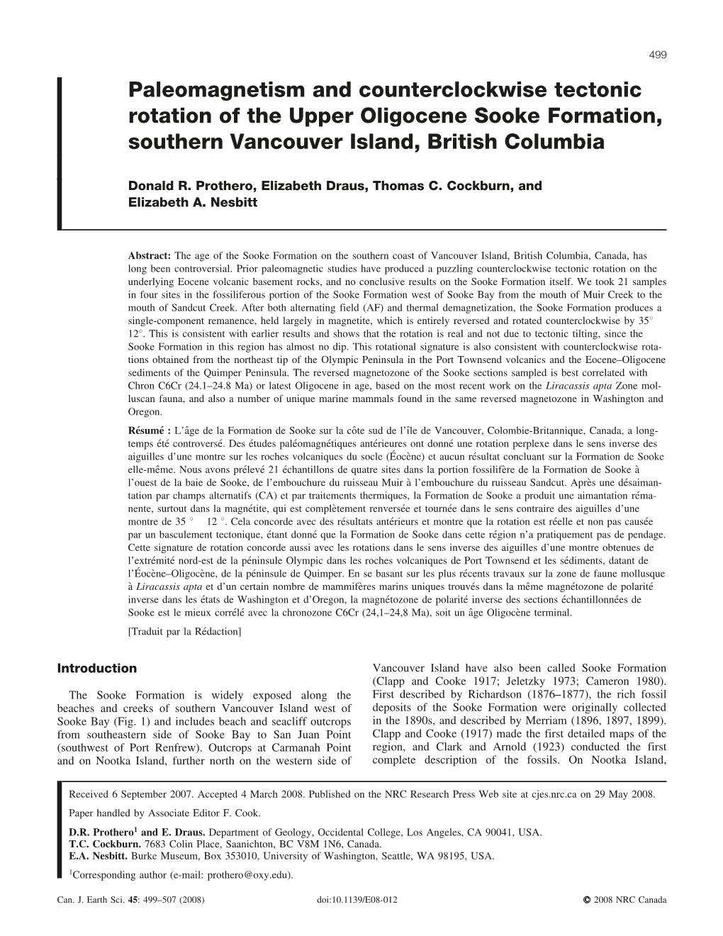 Paleomagnetism and Counterclockwise Tectonic Rotation of the Upper Oligocene Sooke Formation, Southern Vancouver Island, British Columbia