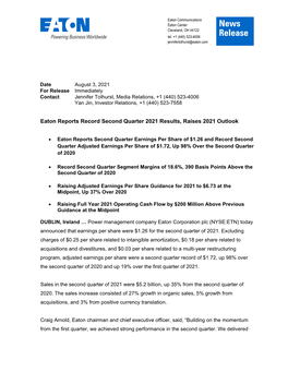 Eaton Reports Record Second Quarter 2021 Results, Raises 2021 Outlook