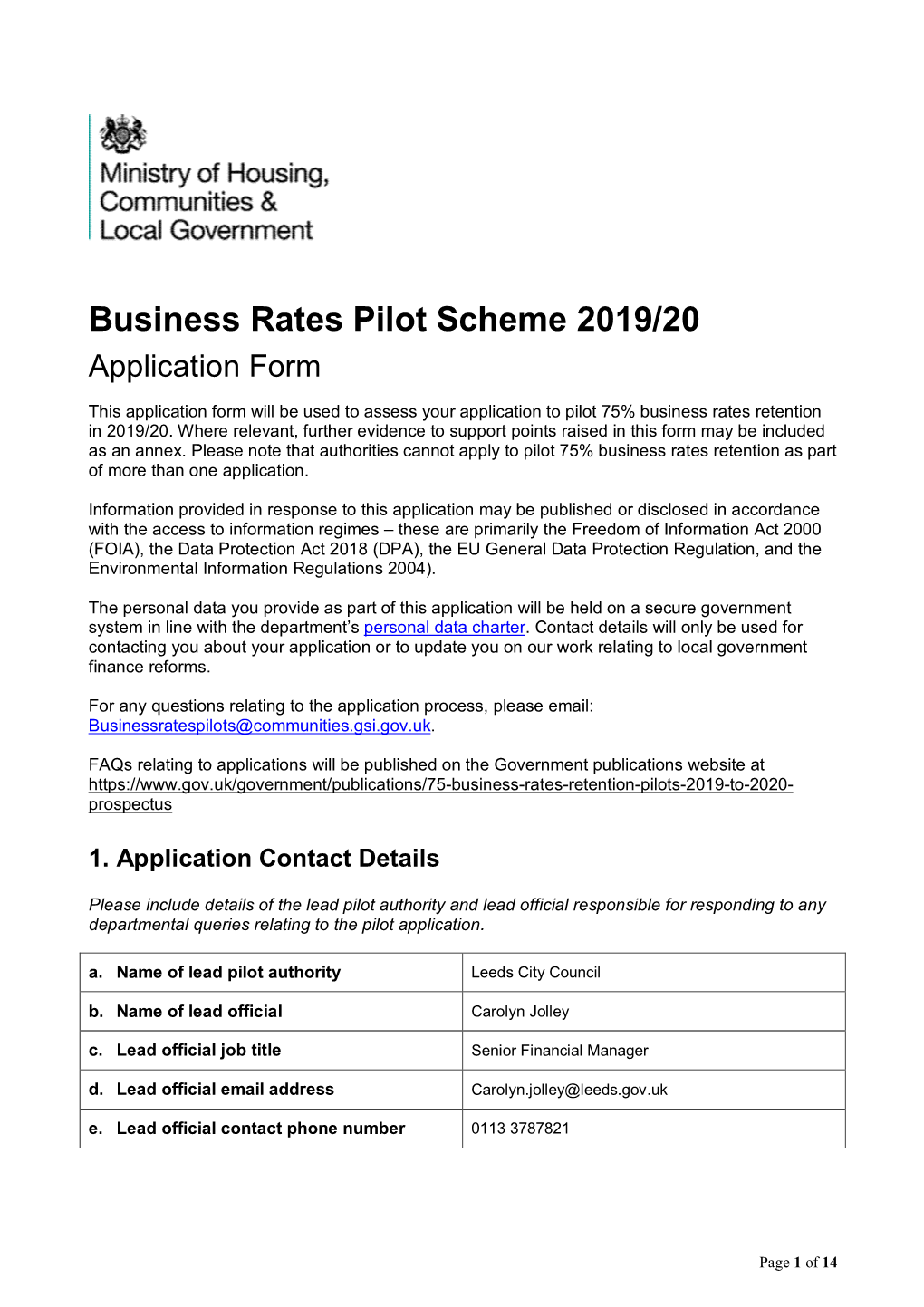 Business Rates Pilot Scheme 2019/20 Application Form