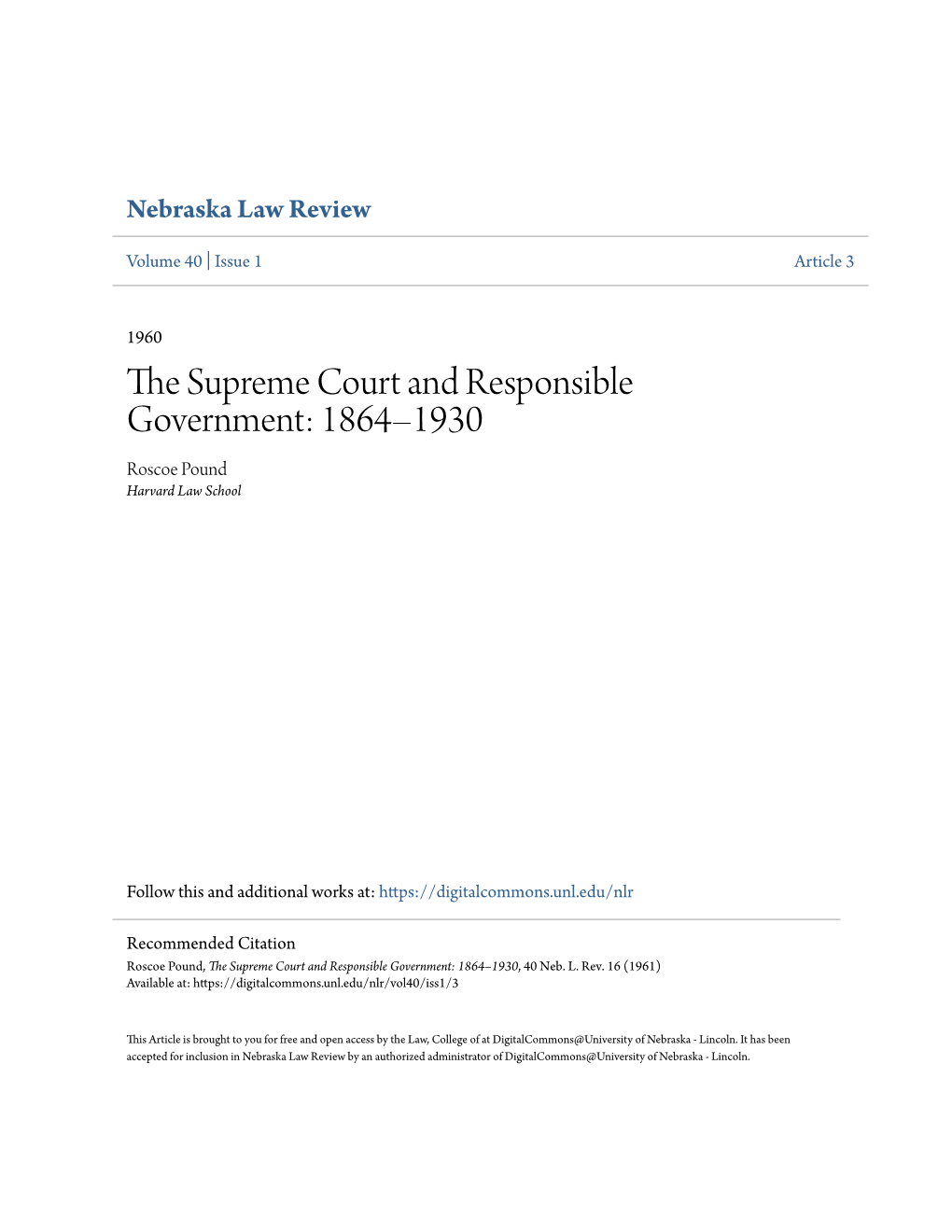 The Supreme Court and Responsible Government: 1864–1930, 40 Neb