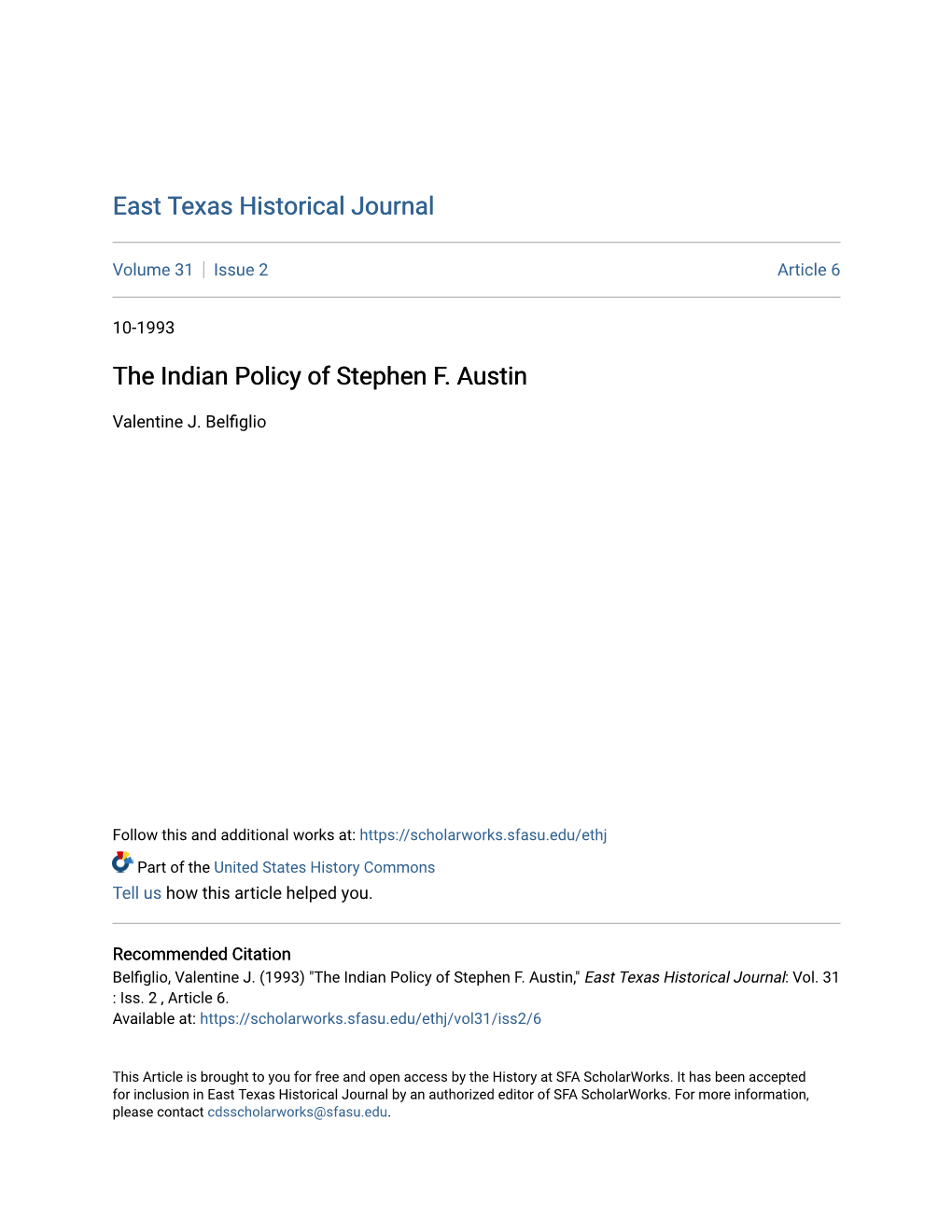 The Indian Policy of Stephen F. Austin