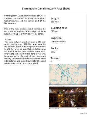 Birmingham Canal Network Fact Sheet Building Cost Locks