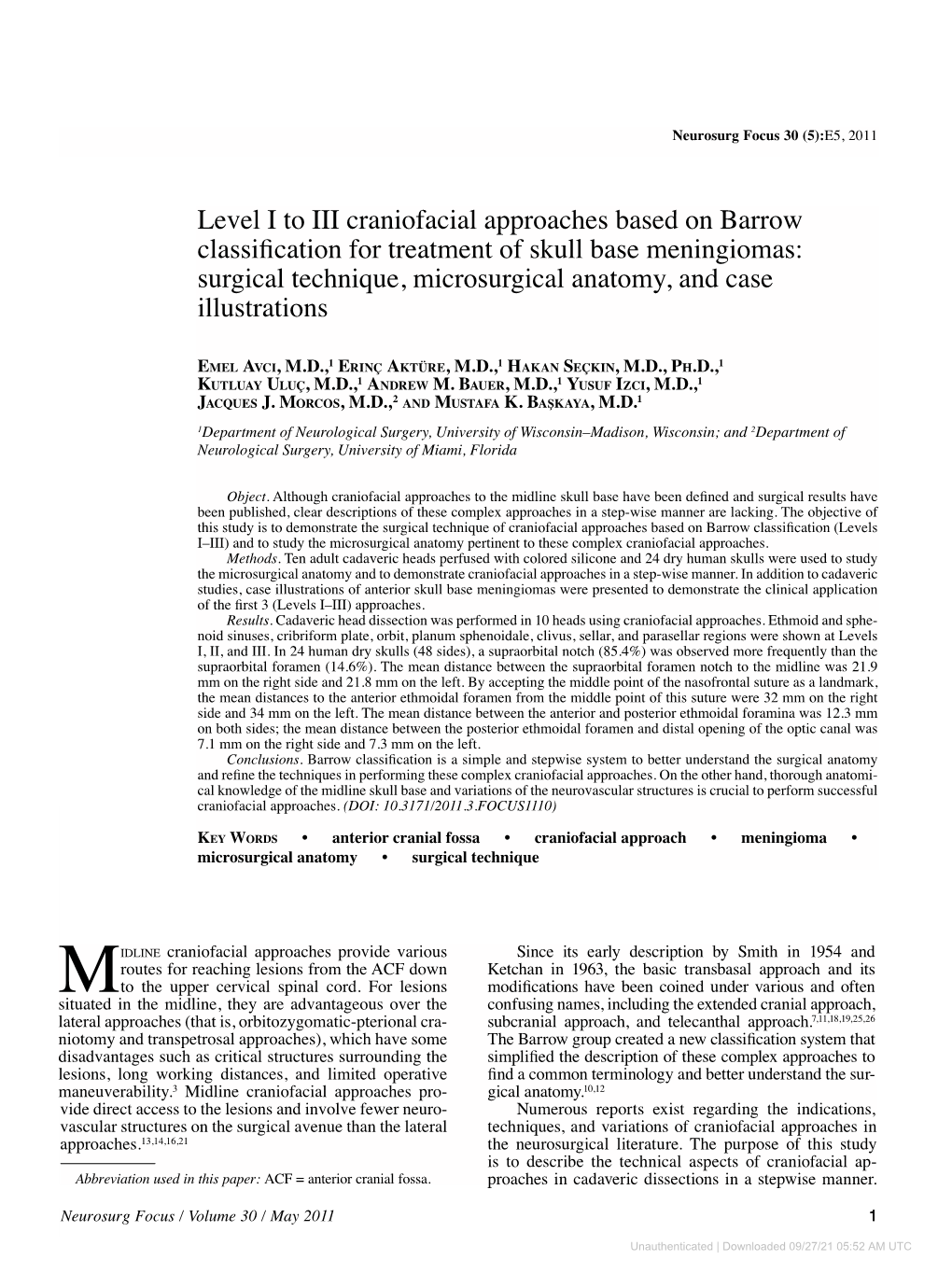 Level I to III Craniofacial Approaches Based on Barrow Classification For