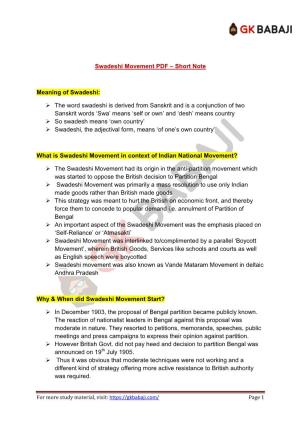 Swadeshi Movement PDF – Short Note