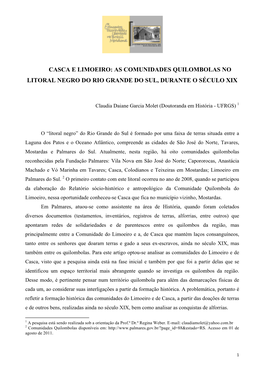 Casca E Limoeiro: As Comunidades Quilombolas No Litoral Negro Do Rio Grande Do Sul, Durante O Século Xix