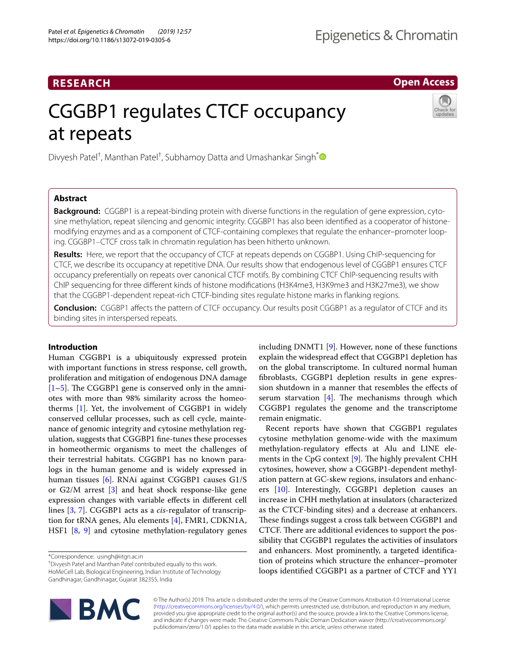 CGGBP1 Regulates CTCF Occupancy at Repeats Divyesh Patel†, Manthan Patel†, Subhamoy Datta and Umashankar Singh*