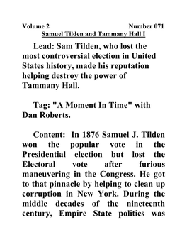 Volume 2 Number 071 Samuel Tilden and Tammany Hall I
