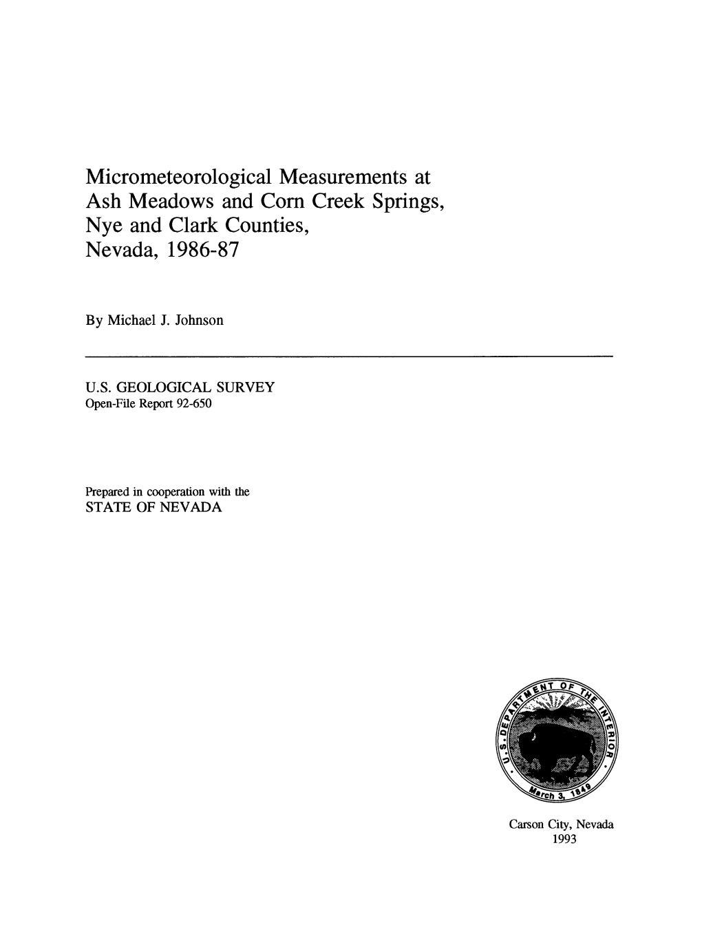 Micrometeorological Measurements at Ash Meadows and Corn Creek Springs, Nye and Clark Counties, Nevada, 1986-87