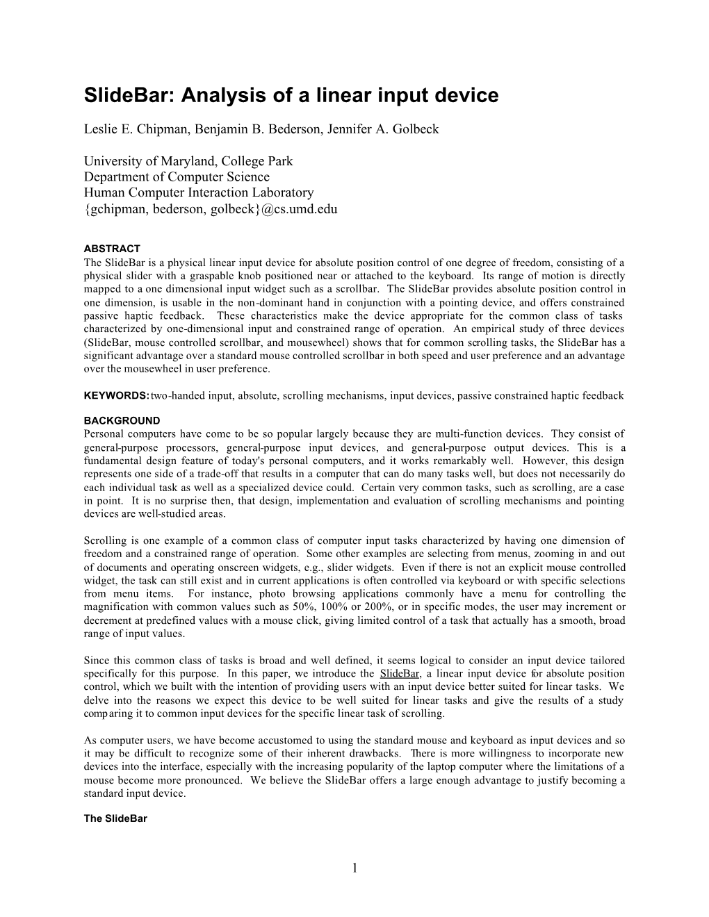 Slidebar: Analysis of a Linear Input Device