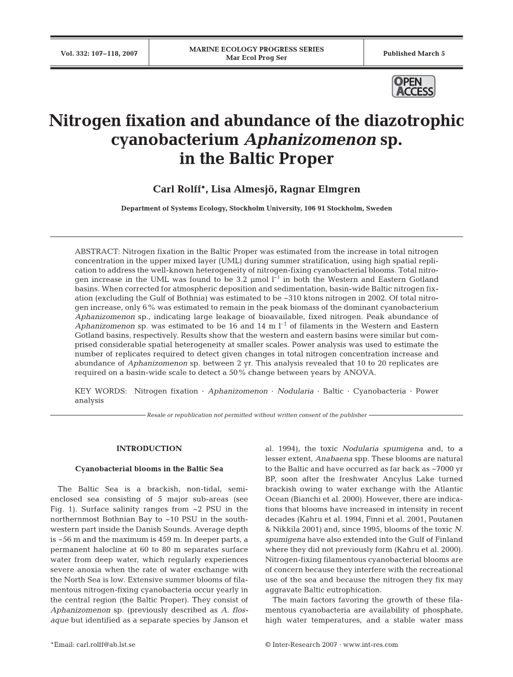 Nitrogen Fixation and Abundance of the Diazotrophic Cyanobacterium Aphanizomenon Sp