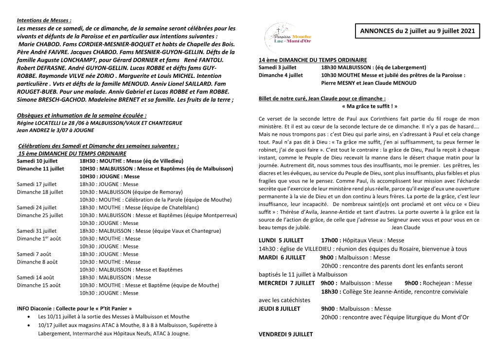 ANNONCES Du 2 Juillet Au 9 Juillet 2021 Vivants Et Défunts De La Paroisse Et En Particulier Aux Intentions Suivantes : Marie CHABOD