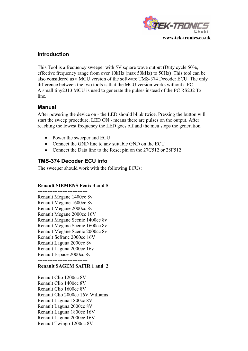 Introduction Manual TMS-374 Decoder ECU Info