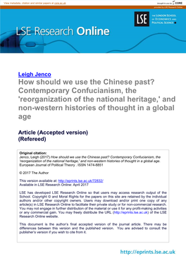 Contemporary Confucianism, the 'Reorganization of the National Heritage,' and Non-Western Histories of Thought in a Global Age