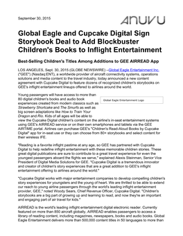 Global Eagle and Cupcake Digital Sign Storybook Deal to Add Blockbuster Children's Books to Inflight Entertainment